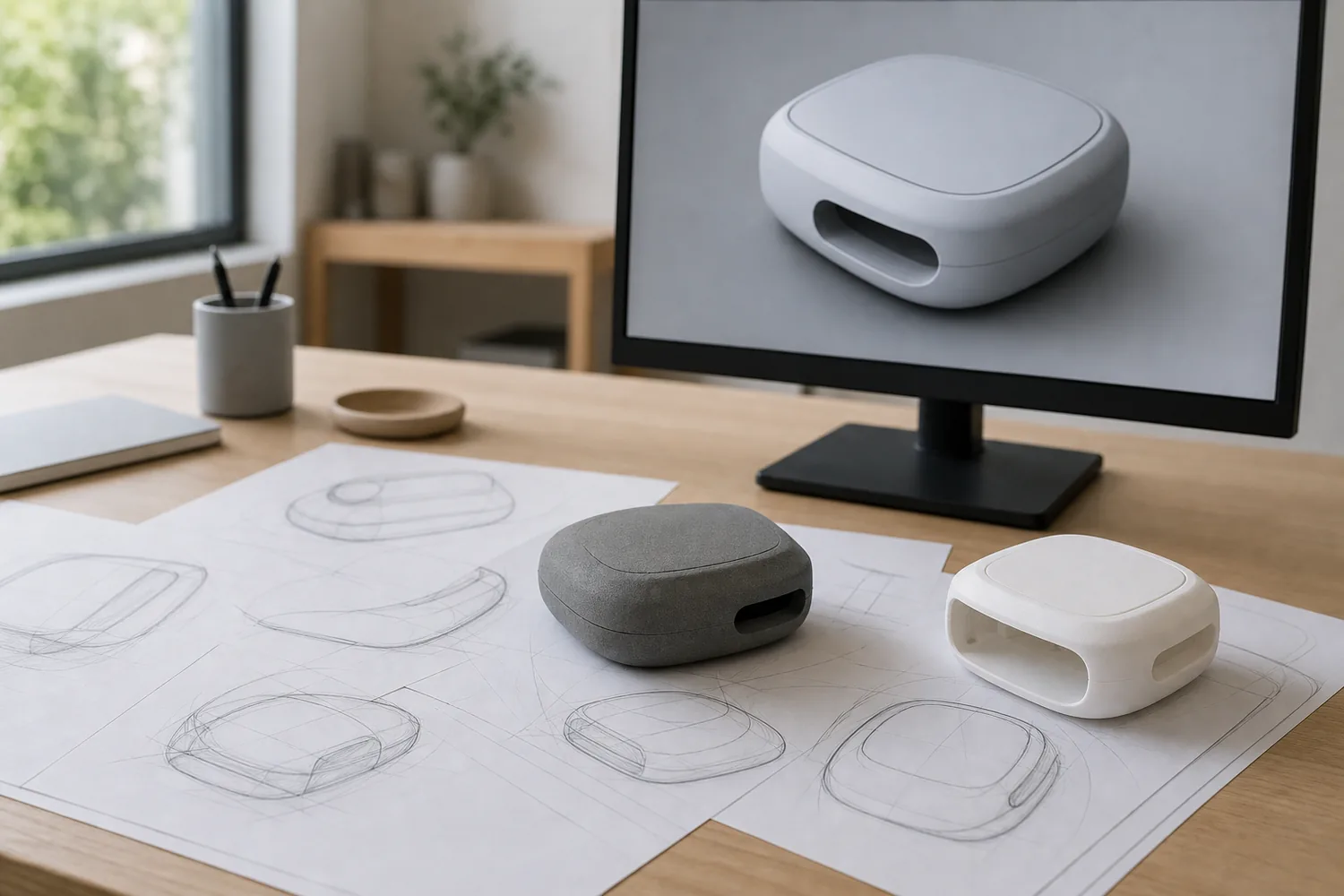 An industrial design studio desk: pencil concept sketches of a small device, a grey foam model, a white 3D-printed housing, and a monitor showing the housing in CAD