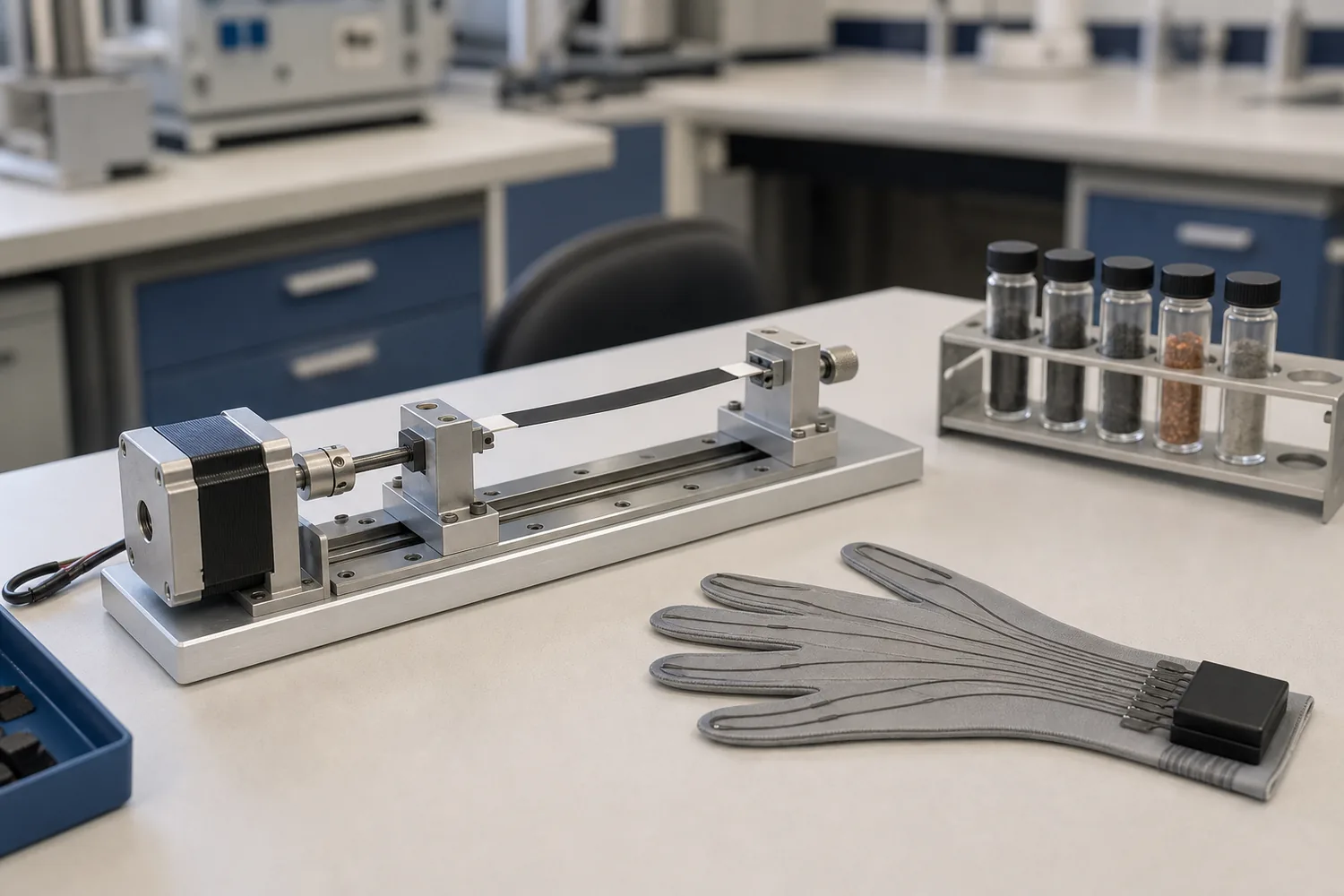 A materials lab bench: a conductor strip clamped in a small motor-driven stretching rig, a demo glove with printed traces running to a wrist module, and sample vials