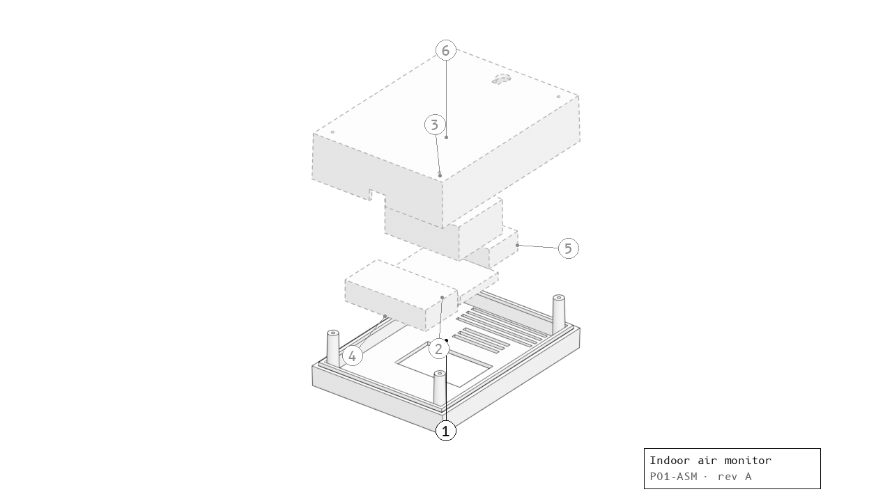Exploded assembly drawing of the Indoor air-quality monitor