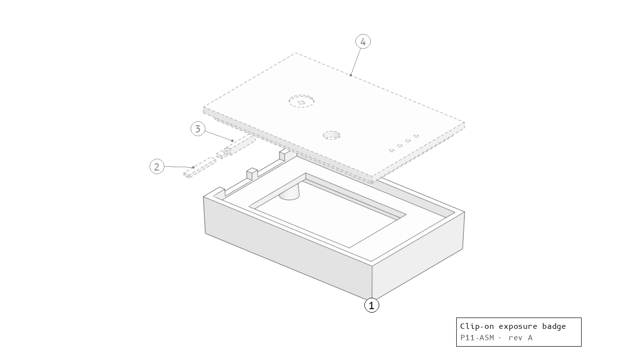 Exploded assembly drawing of the Clip-on exposure badge