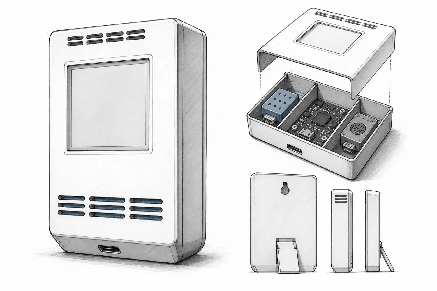 Concept sketch of the air monitor with its lid lifted, showing separate sensor and board compartments