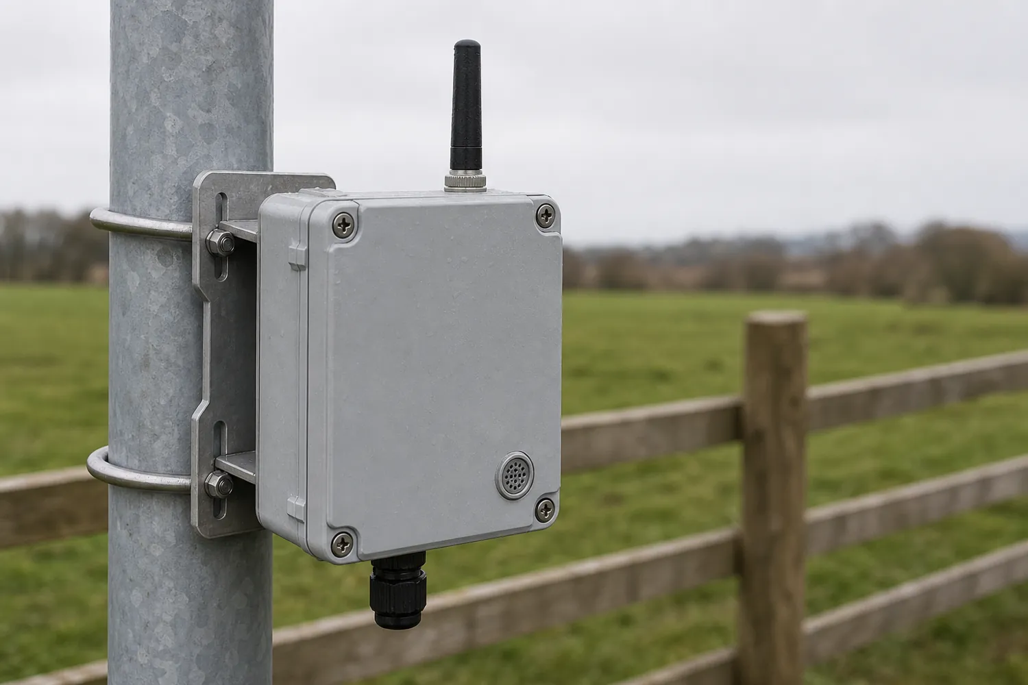 Grey weatherproof box on a steel pole beside a farm fence under an overcast sky
