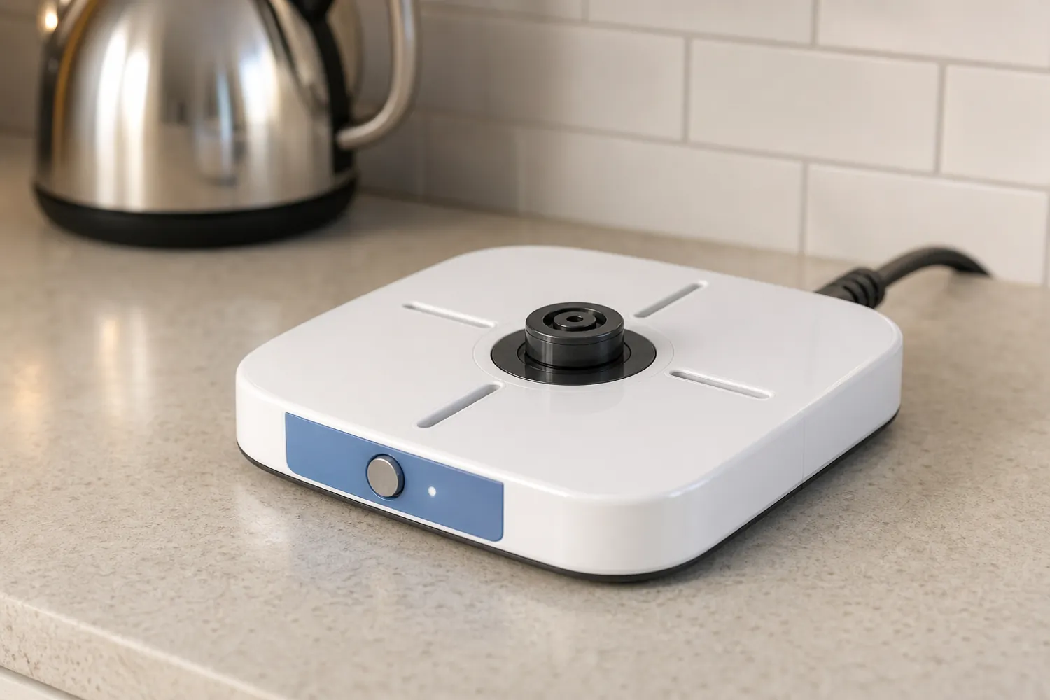 White kettle power base on a stone kitchen counter with a steel kettle behind it