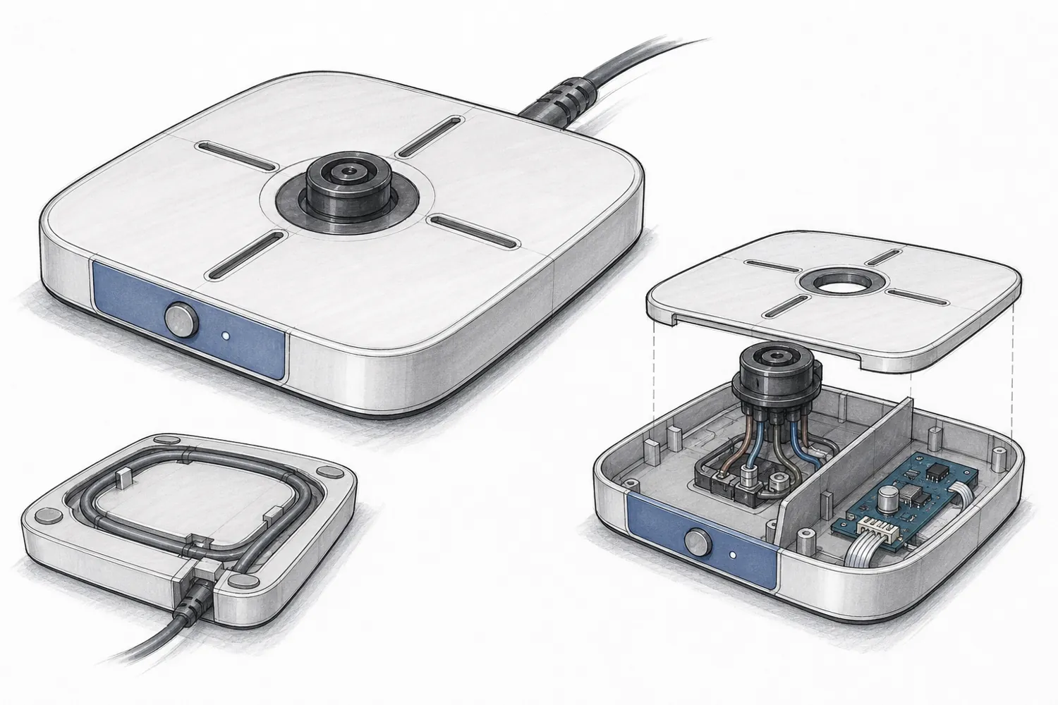Concept sketch of the kettle base with its top removed, showing the connector and a separated control board