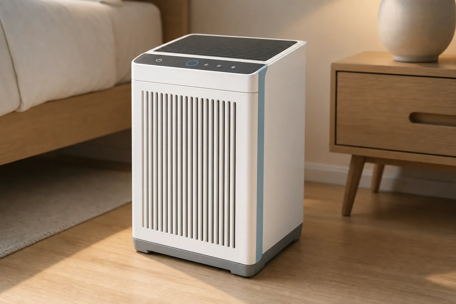 White compact air purifier on a light oak floor in a calm bedroom