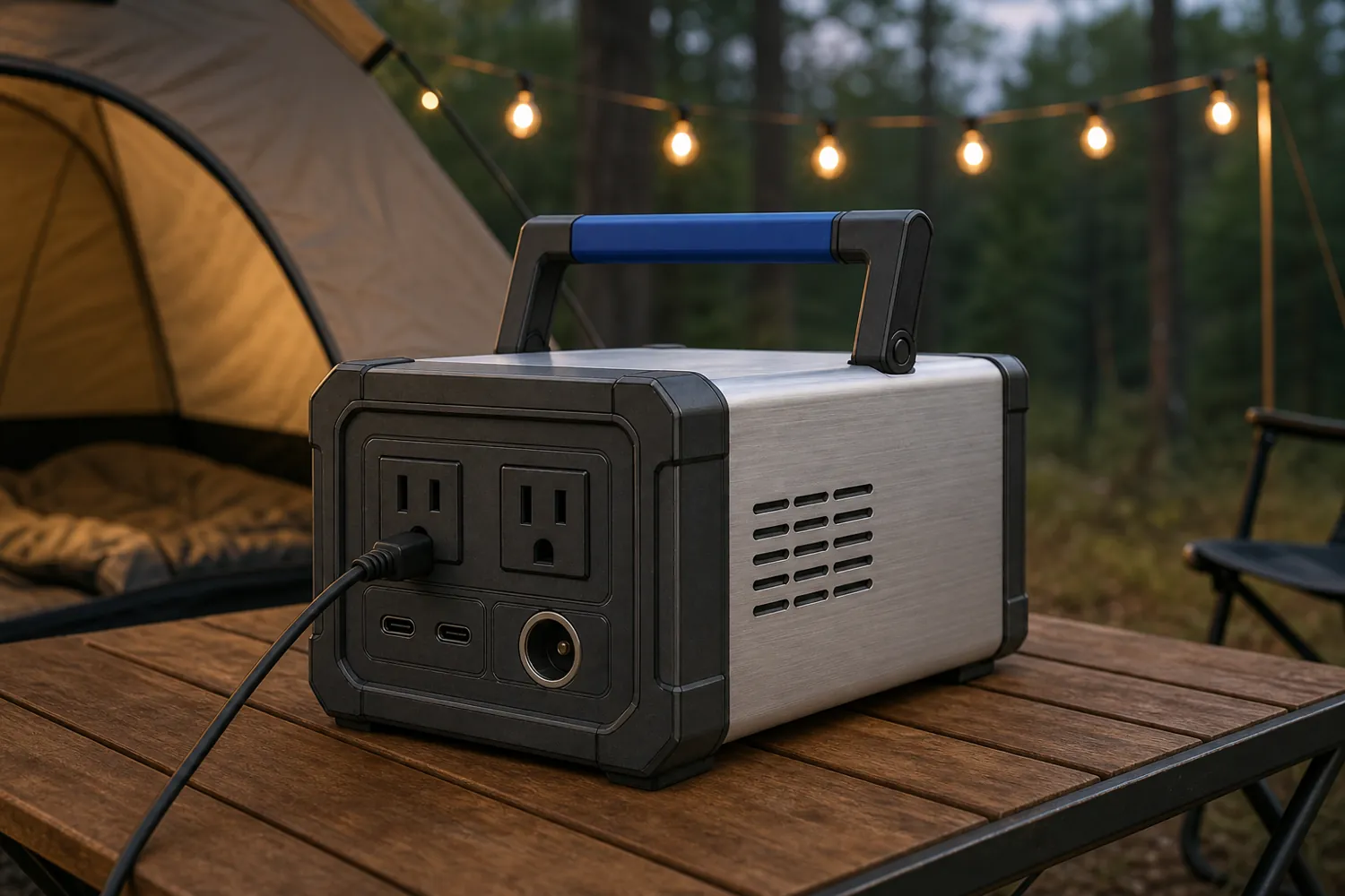 Portable power station with an aluminium shell on a camping table outside a tent at dusk