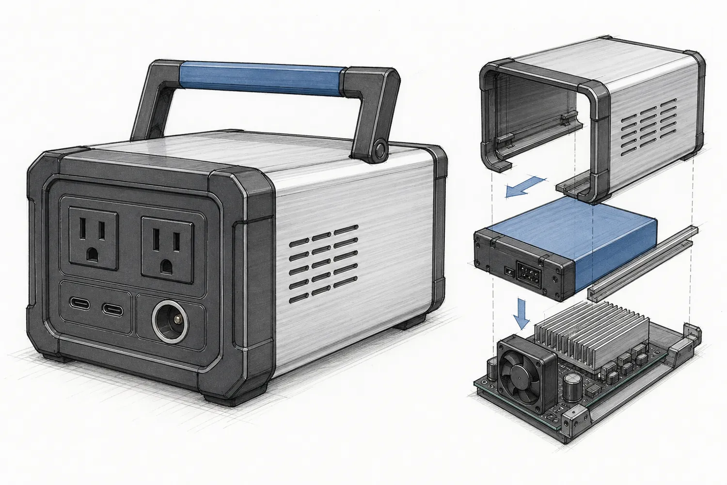 Concept sketch of the power station with the battery module and inverter shown sliding out of the shell