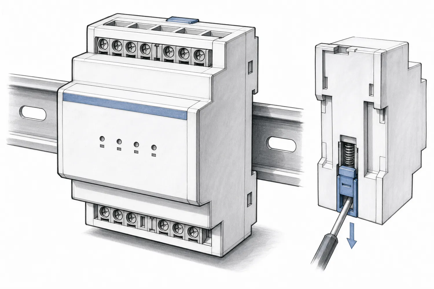 Concept sketch of the DIN-rail module and its rail clip released with a screwdriver