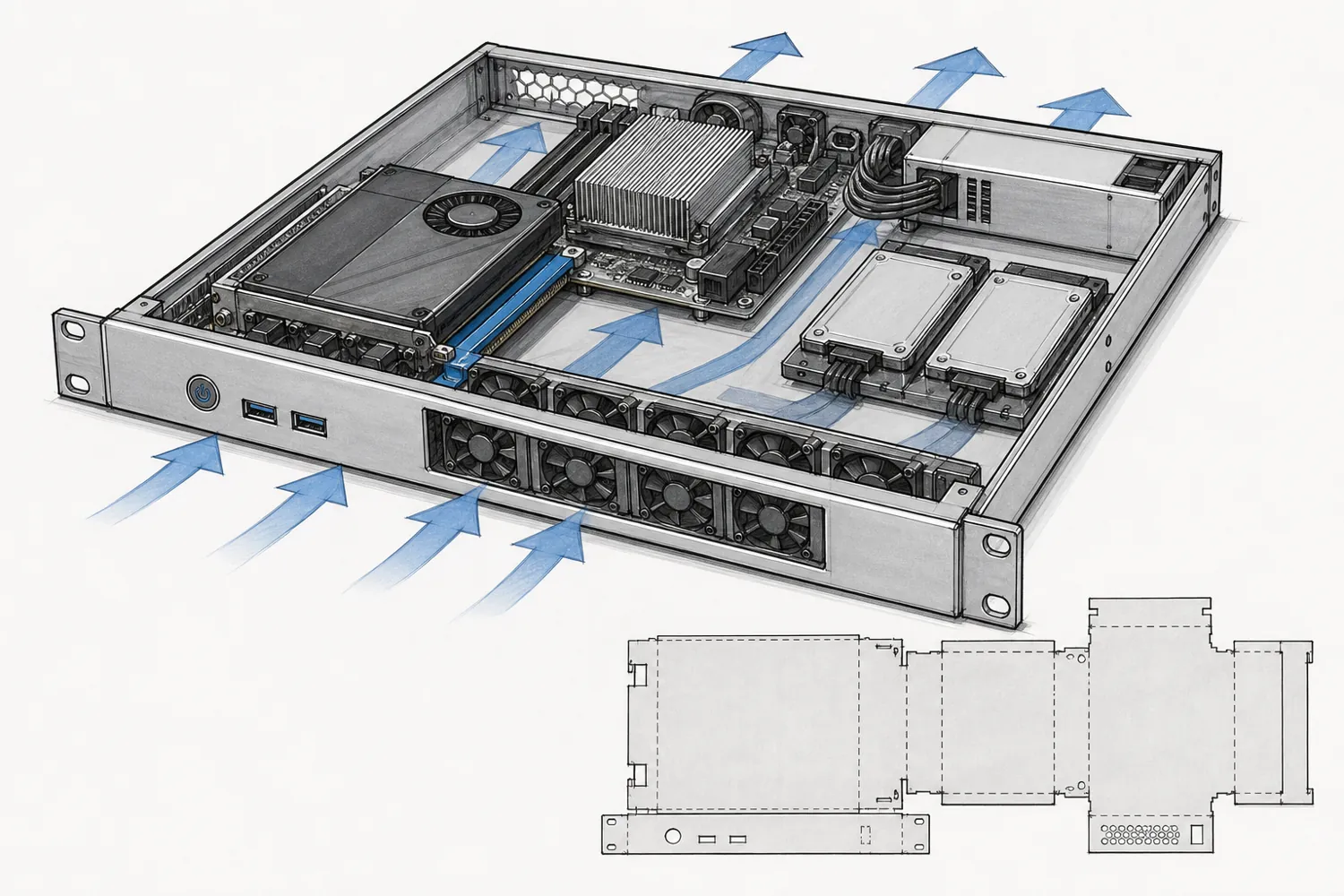 Concept sketch of the 1U chassis with its lid off, showing the board, GPU on a riser, power supply and airflow arrows