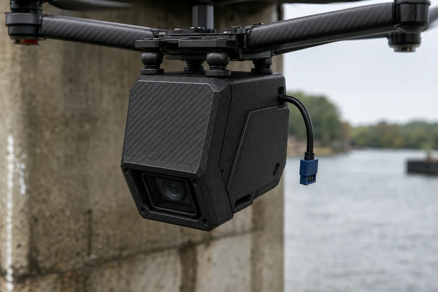 Black carbon-fiber pod hanging under a quadcopter next to a concrete bridge pier