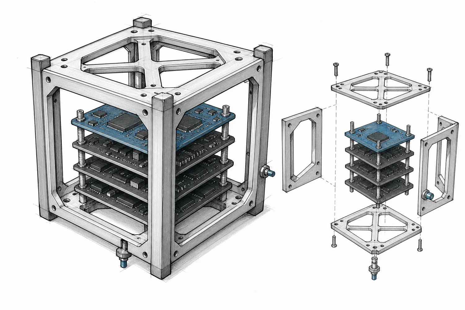 Concept sketch of the 1U CubeSat frame with its side frames and board stack exploded