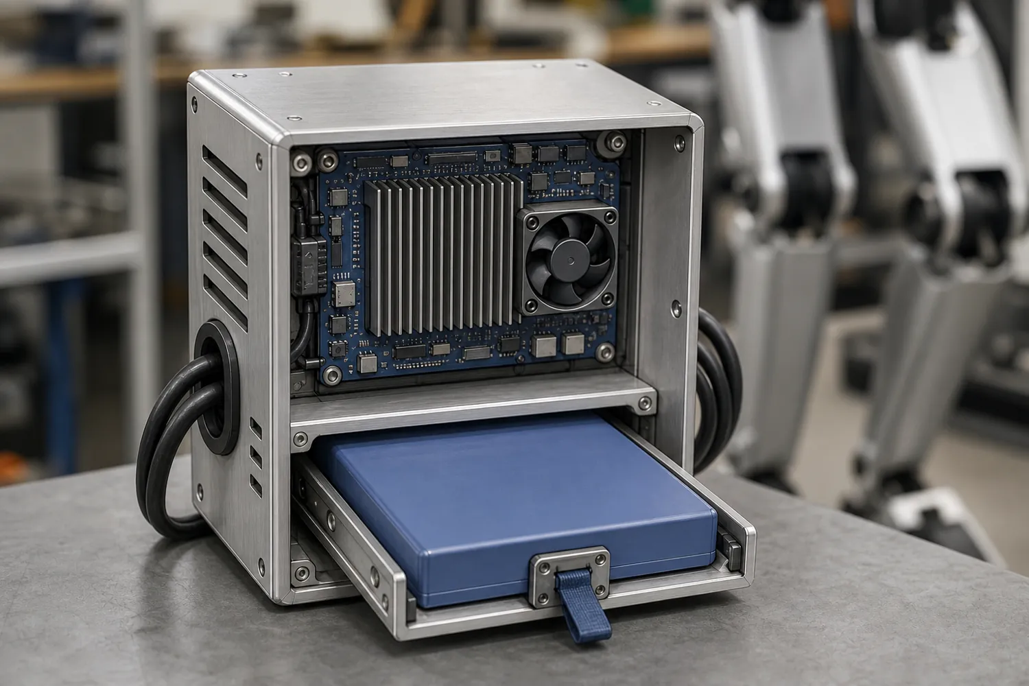 Aluminium torso bay on a robotics lab bench with its battery pack half pulled out
