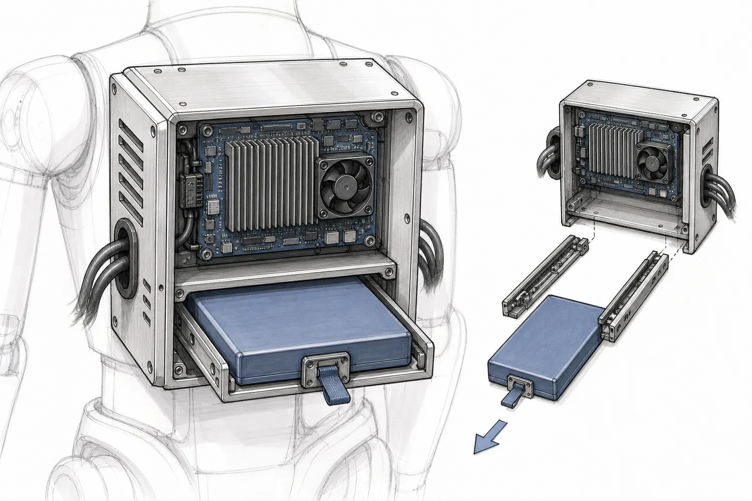 Concept sketch of the torso bay with the battery pack sliding out on rails