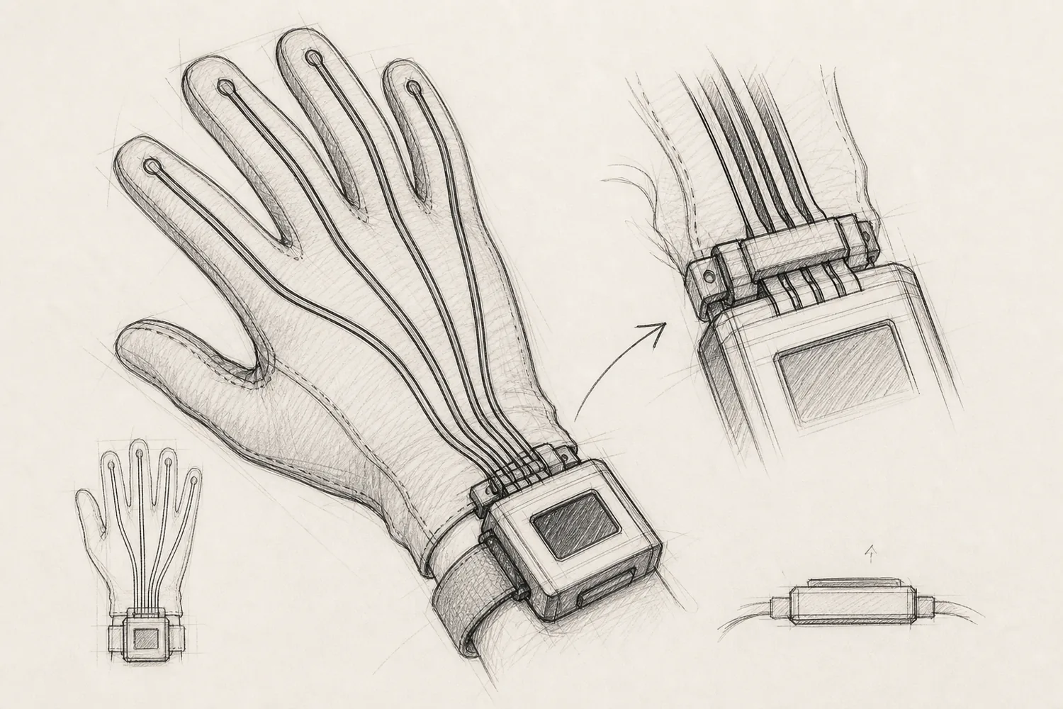 Concept sketch of a glove with five finger traces running to a wrist module with a small screen