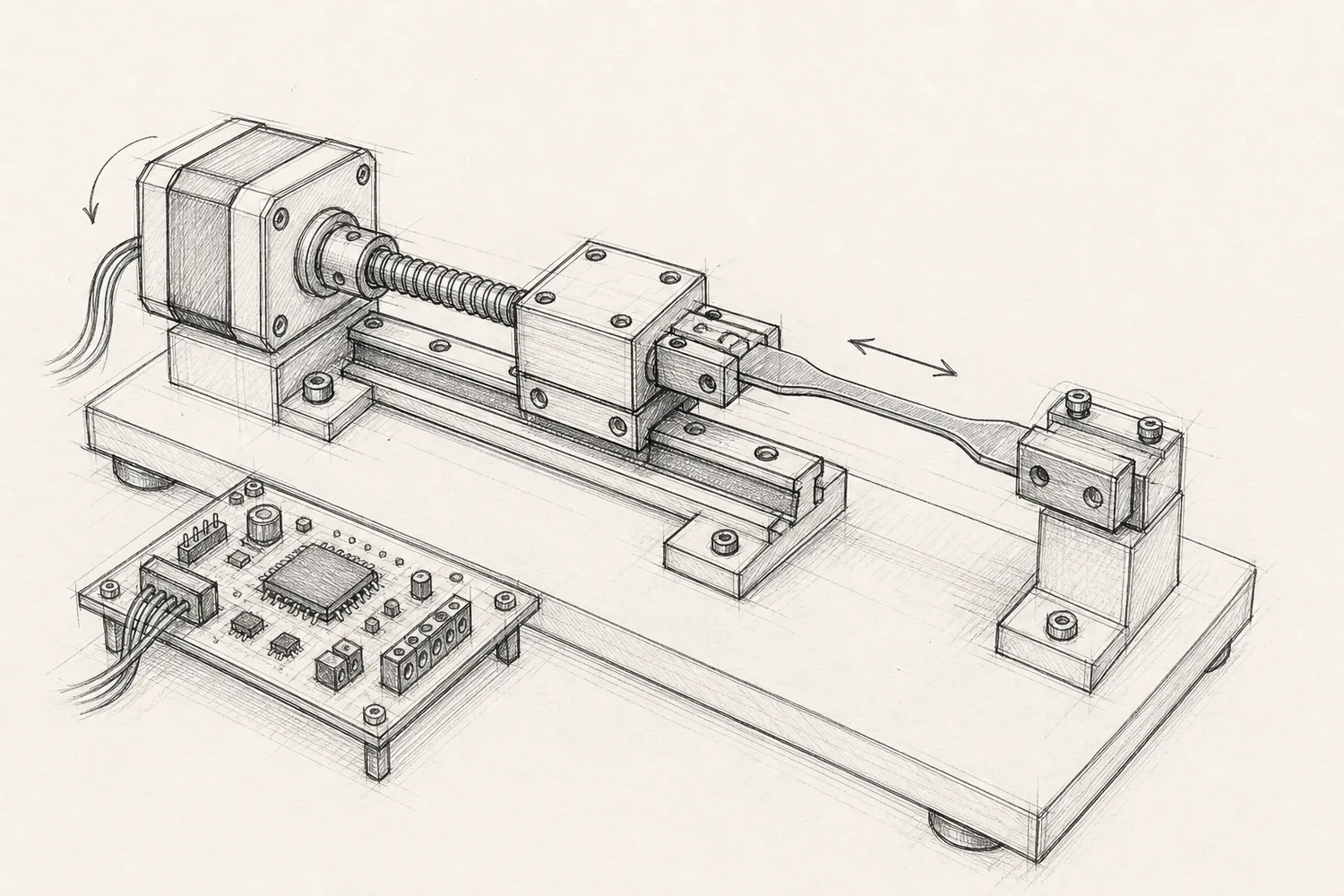 Concept sketch of a linear stage stretching a sample strip between two clamps, driven by a stepper motor